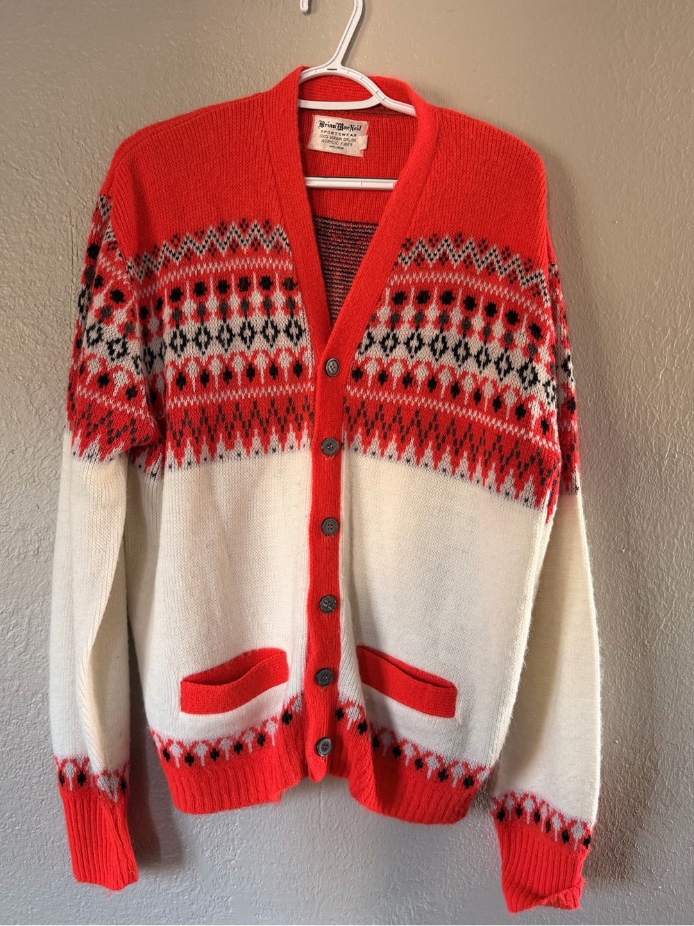 Vintage Brian MacNeil Fair Isle Cardigan Knit Sweater Nordic Red Geometric Large